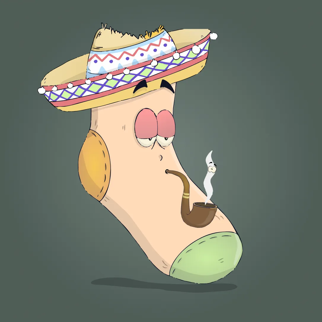 Sock character illustration in a straw hat, smoking a pipe