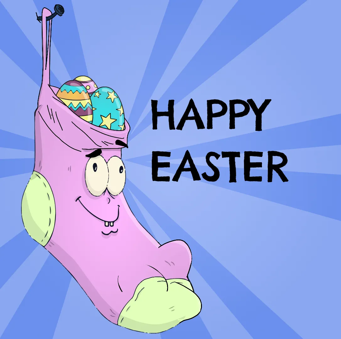 Sock character illustration carrying painted eggs, reading Happy Easter